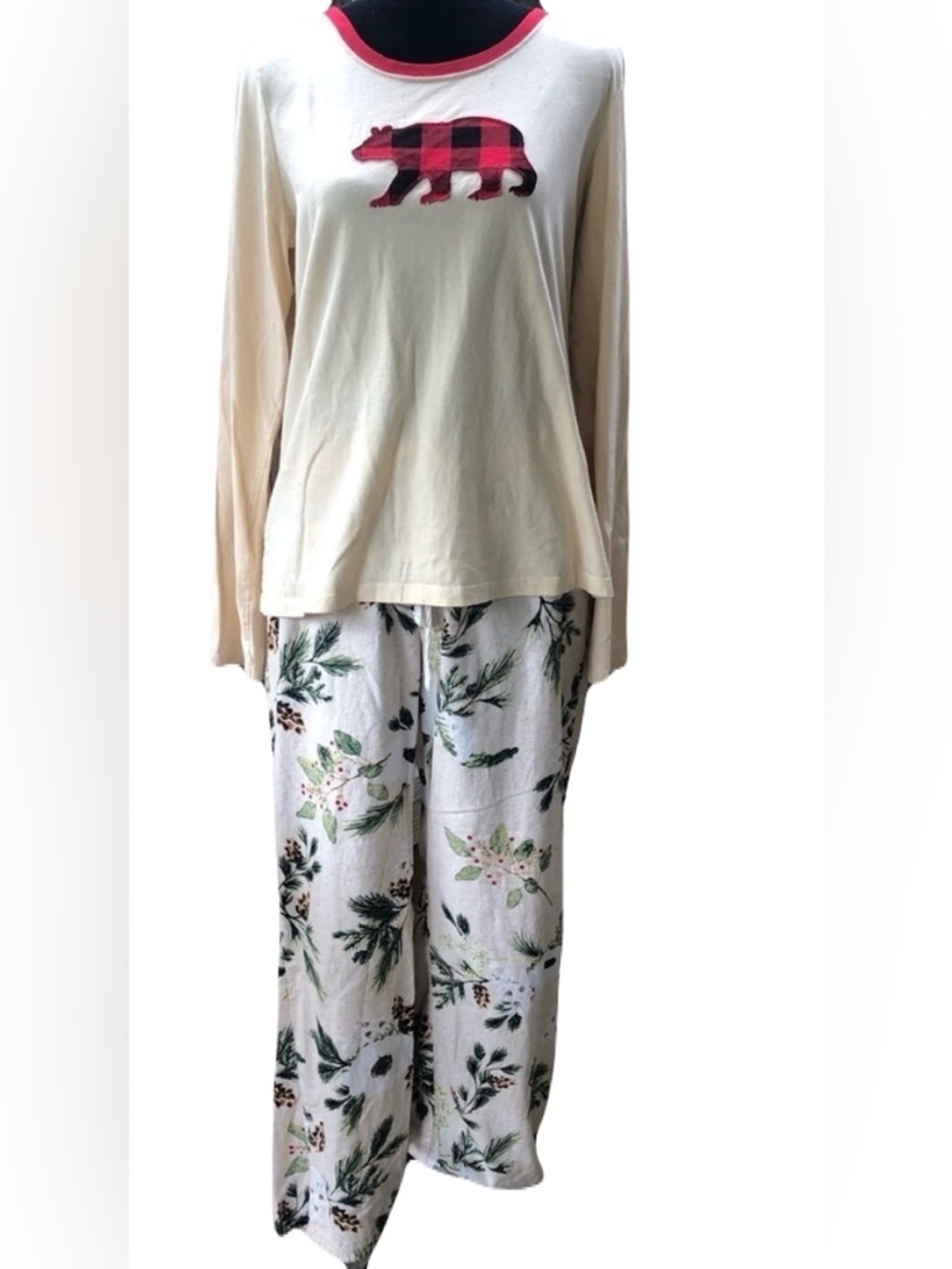 Cotton Pajama Set Long Sleeve Drawstring Pants Buffalo Plaid Bear & Pine Cones L